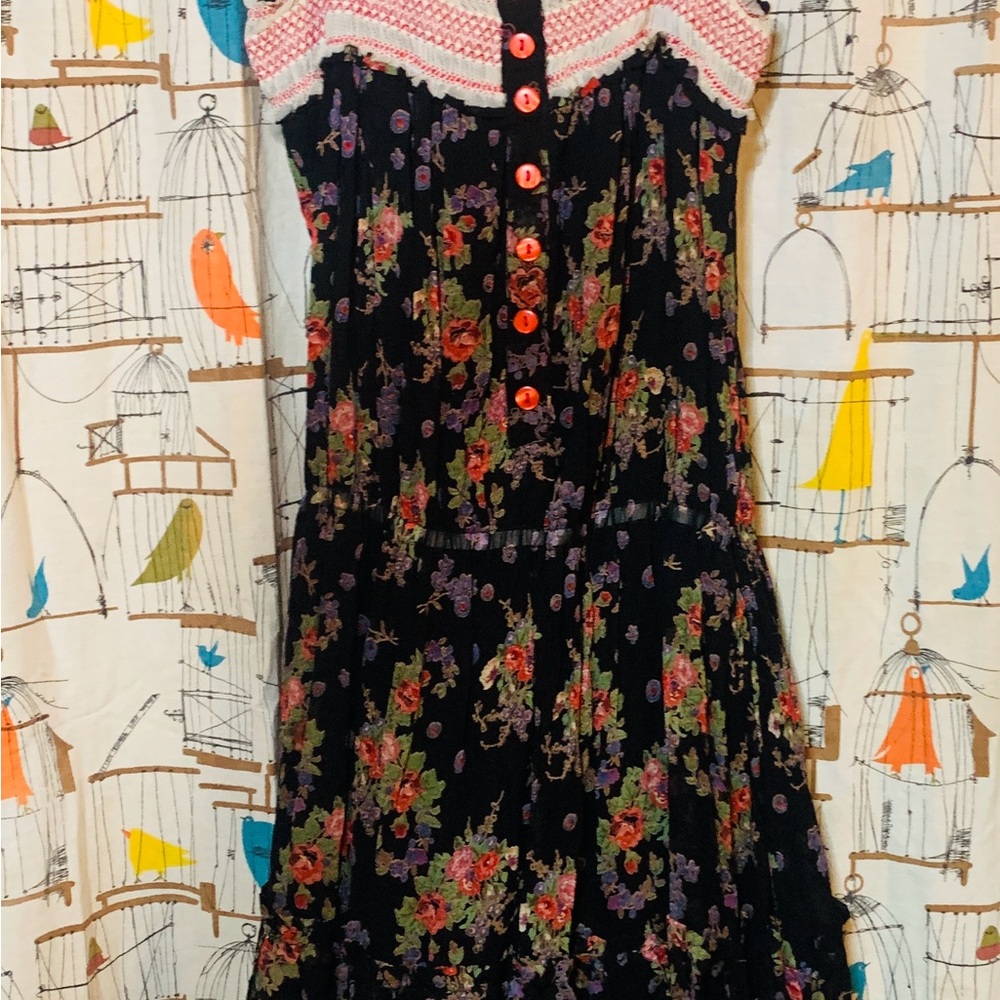 Floral Black Dress with Red Buttons & Stitching